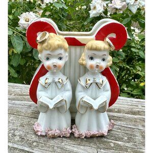 Pink Spaghetti Planter Christmas MCM Decor Boy Girl Angel Choir Sing Vintage